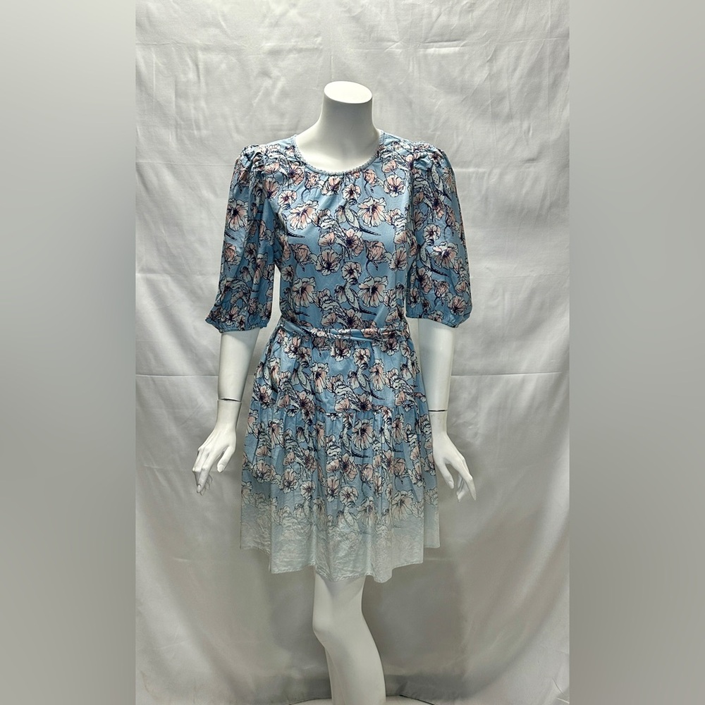 St. Roche Size 8 Floral Print Blue Dress with Tie